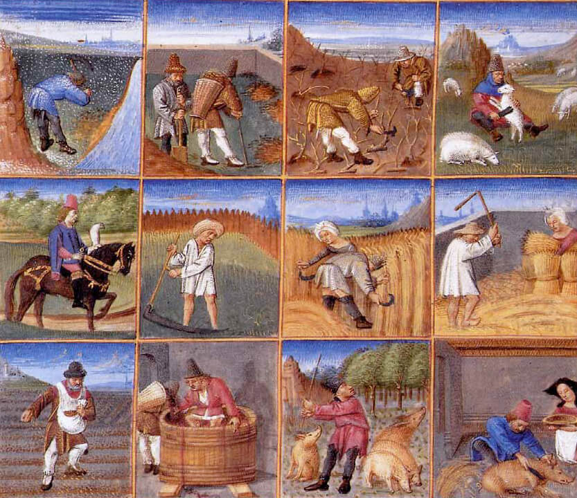 Life of Medieval Peasant: Labours of the Months, agricultural calendar c. 1470, from a manuscript of Pietro de Crescenzi's manual on farming